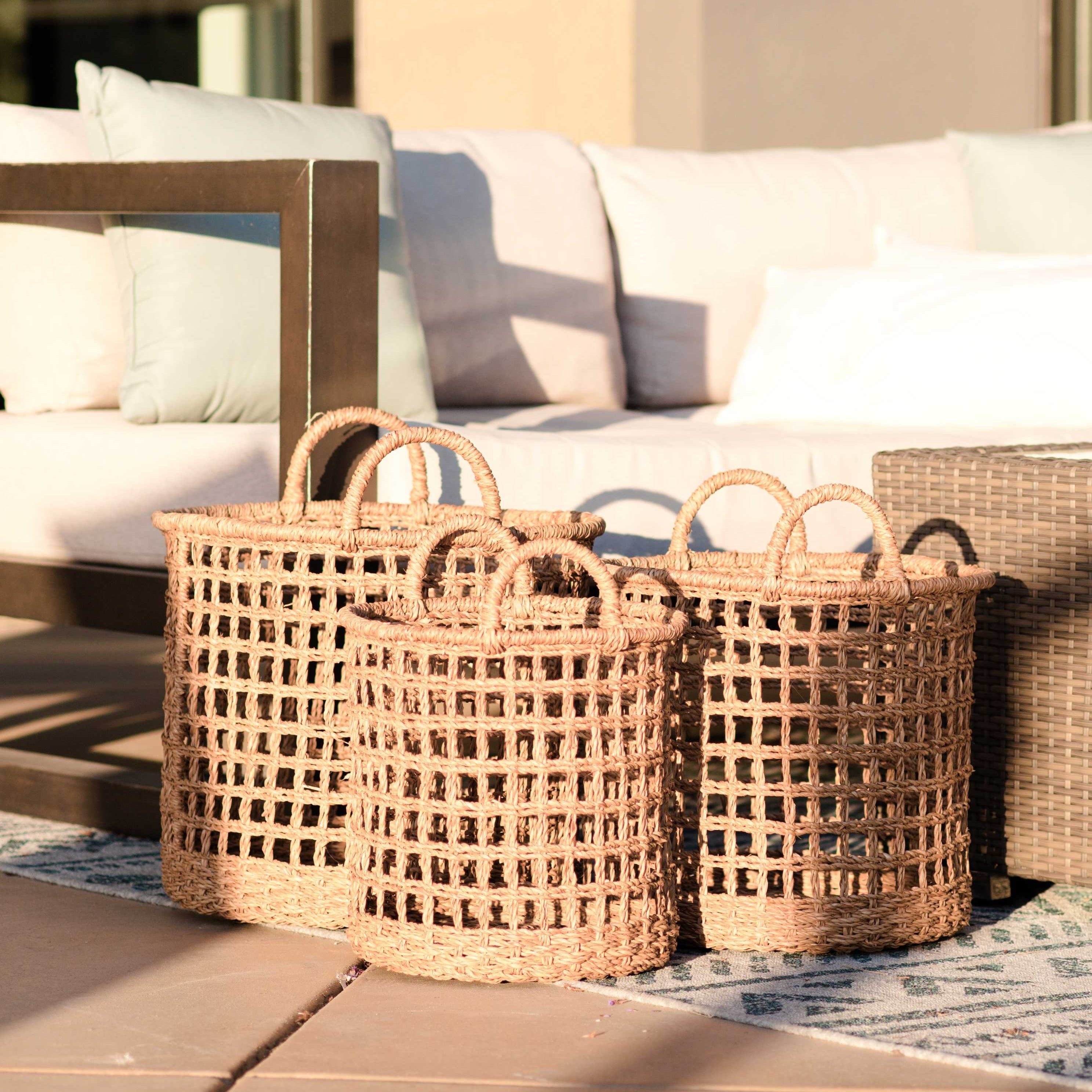 Open Weave Baskets with Handle - Set of 3