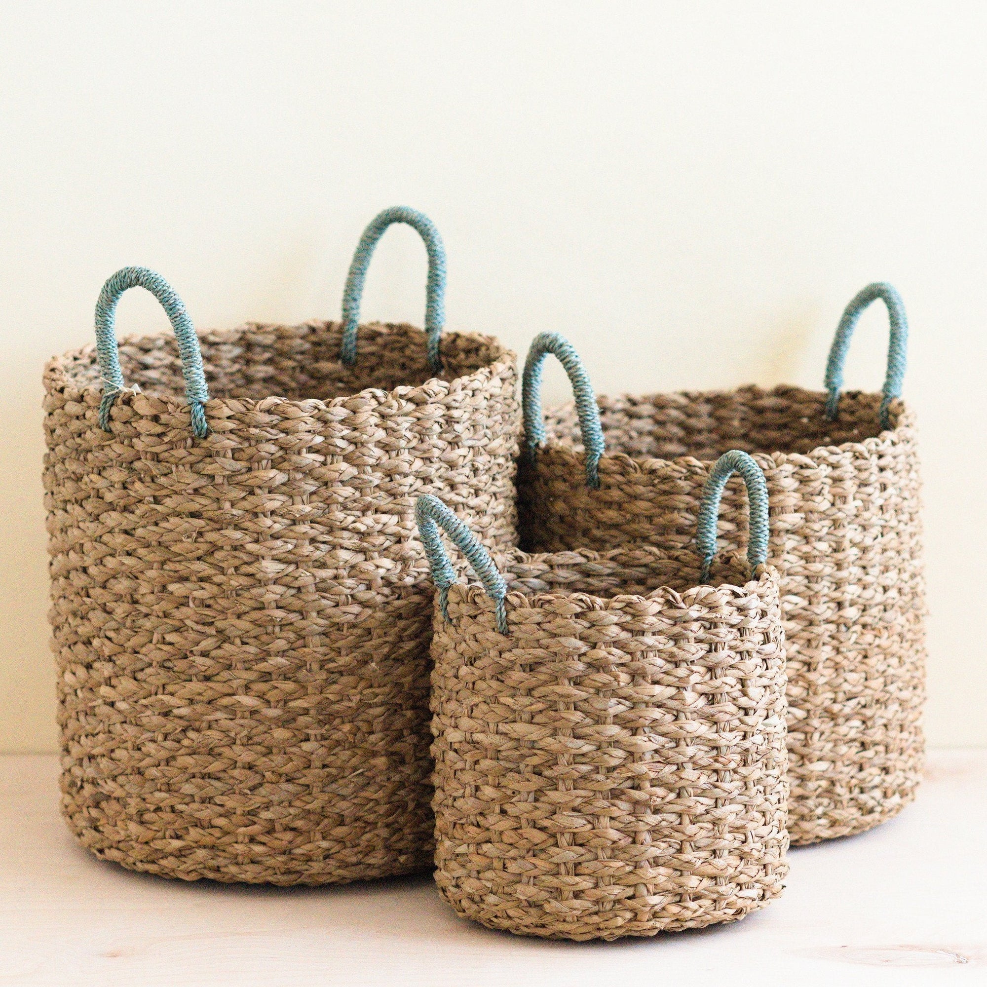 Seagrass Woven Baskets with Sky Blue Handle - Set of 3
