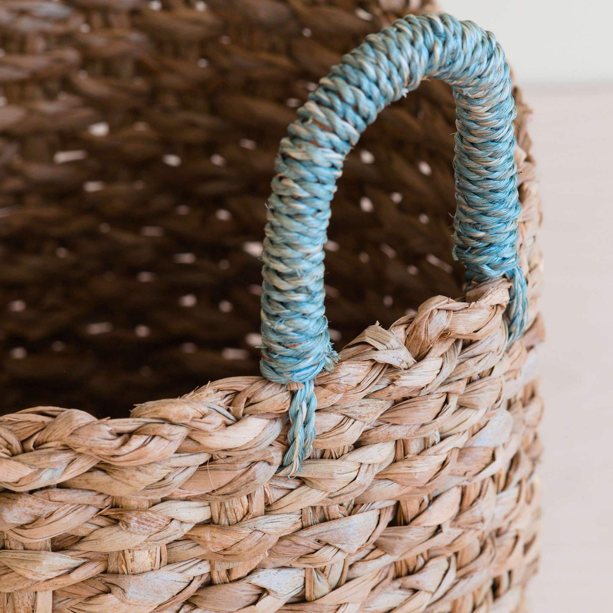 Seagrass Woven Baskets with Sky Blue Handle - Set of 3