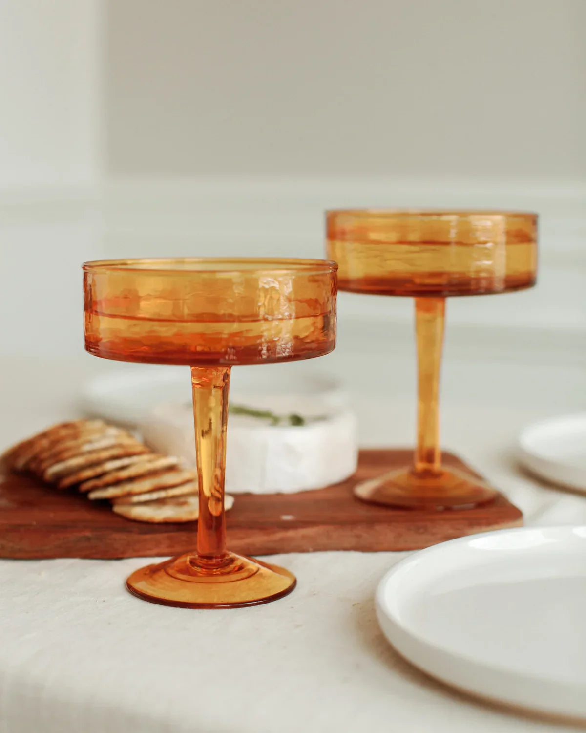 Handblown Hammered Coupe Cocktail Glasses, Amber - set of 4