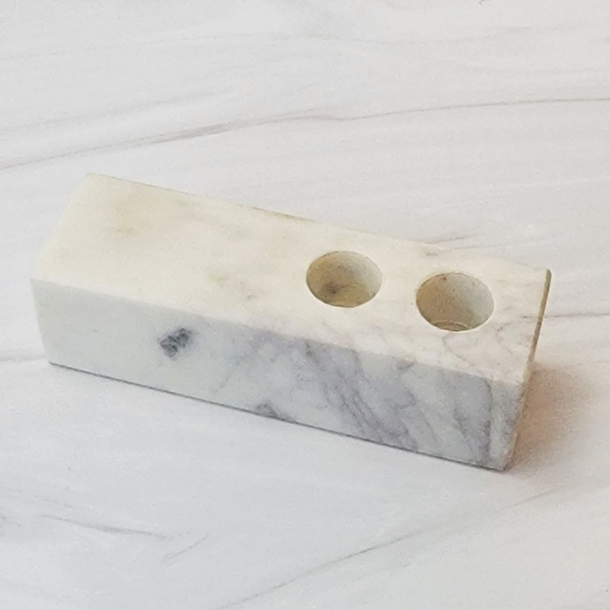 Asymmetrical marble double taper candleholder