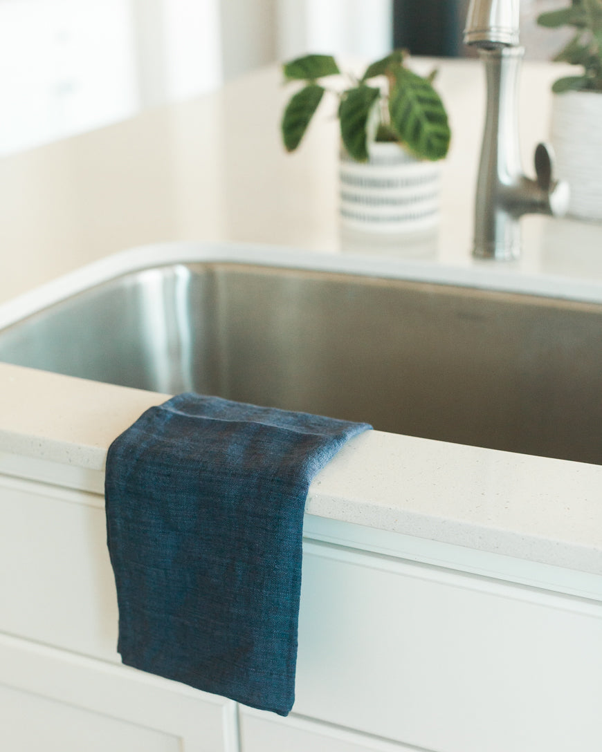 Stone Washed Linen Tea Towel - Navy