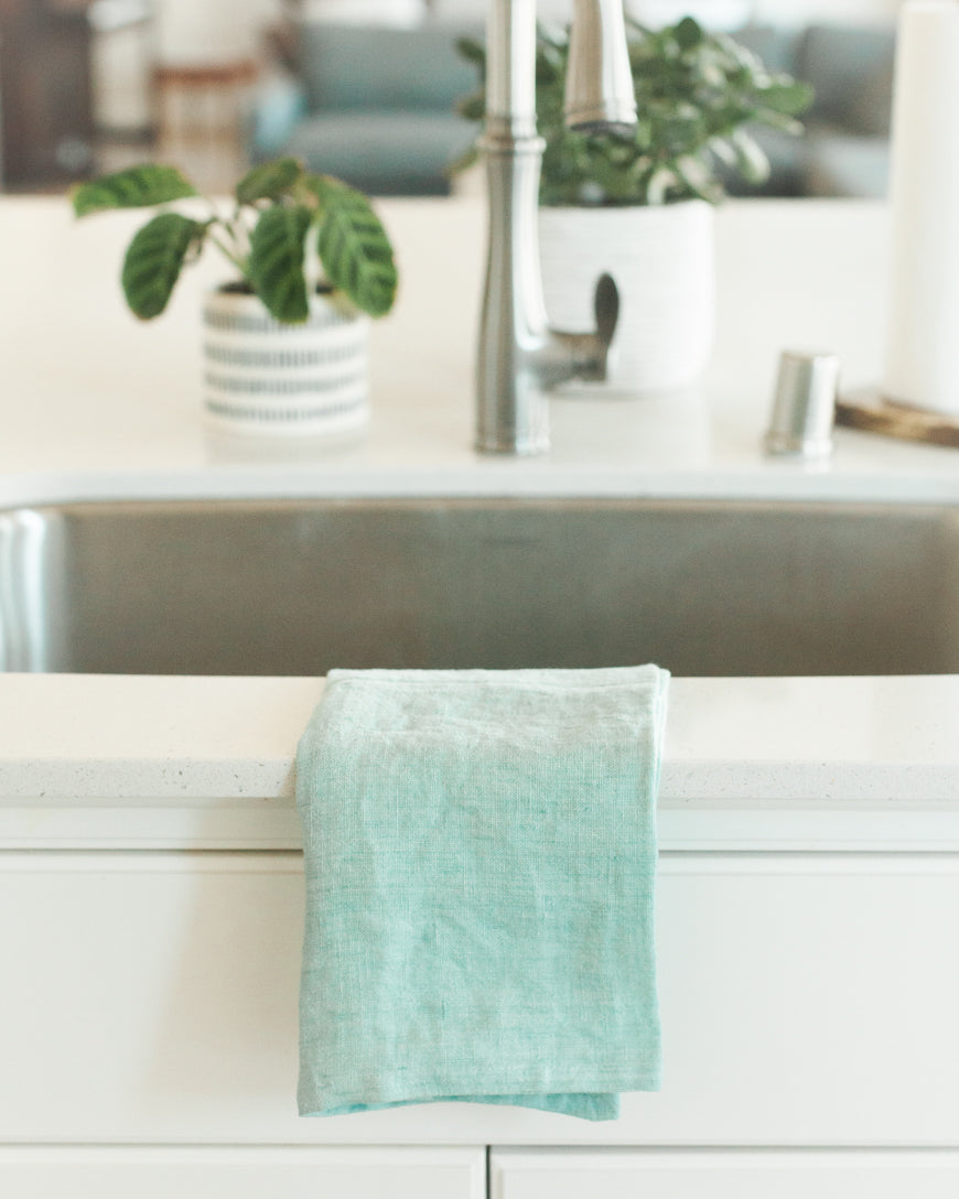 Stone Washed Linen Tea Towel - Ocean Spray