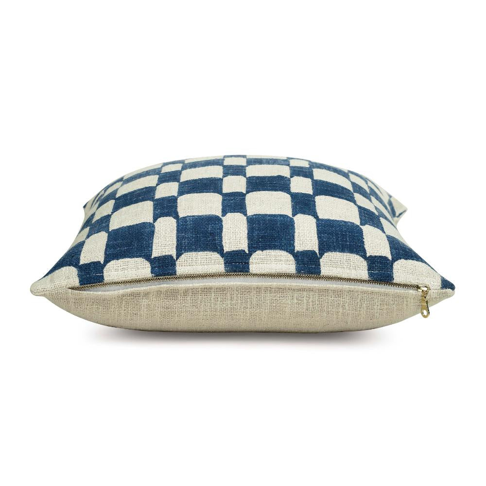 Checkered Block Printed Pillow - Indigo