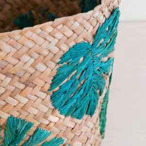 Monstera Embroidered Soft Seagrass Planter - Woven Baskets