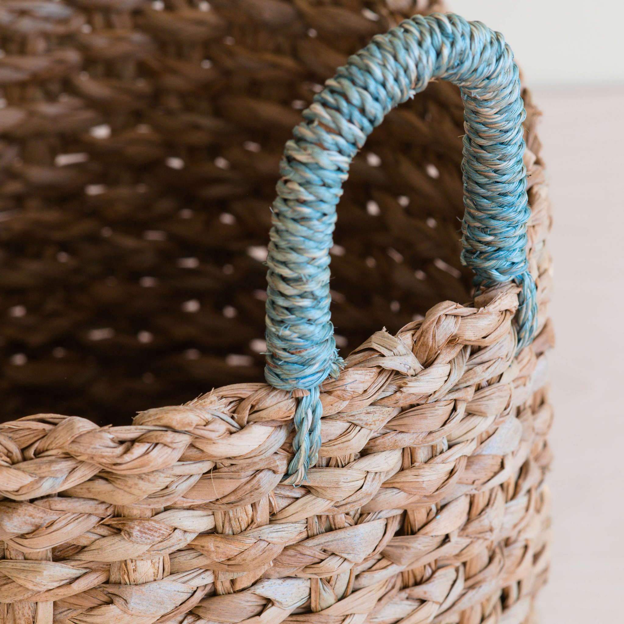 Seagrass Woven Baskets with Sky Blue Handle - Set of 3