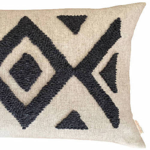 Punch Needle Ndebele Lumbar Pillow - Pattern 2 - Charcoal on Natural