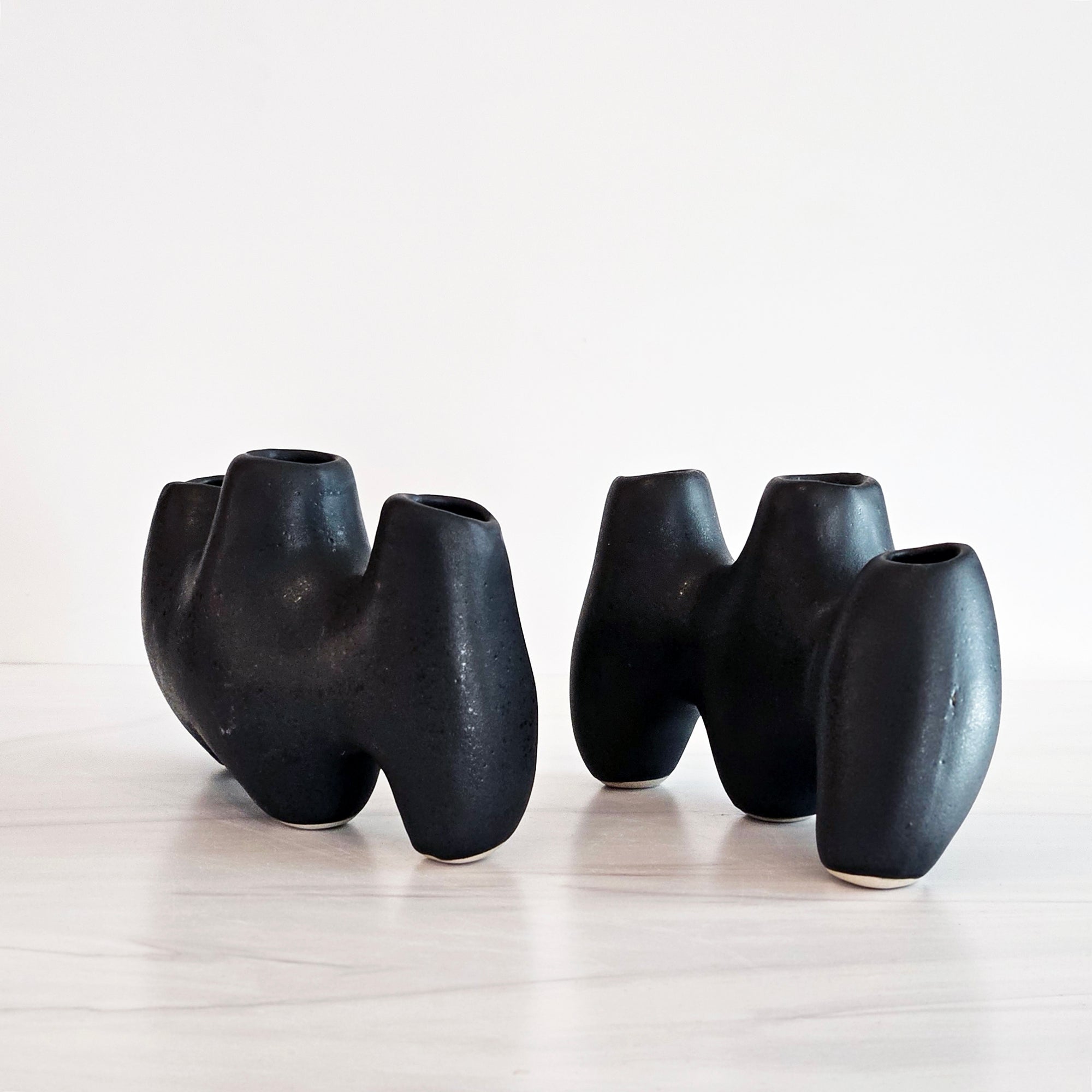 two organic shape black vases
