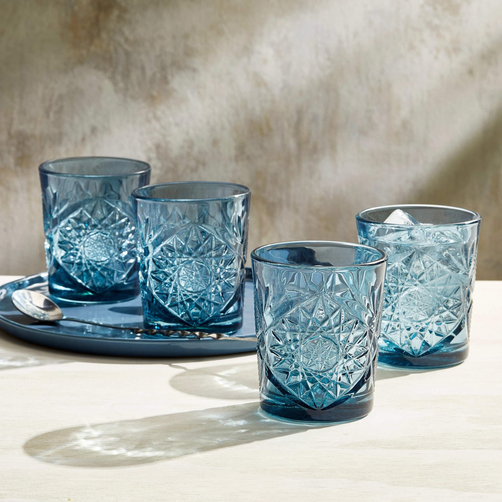 Hobstar Double Old Fashioned Glasses, 12-ounce, Blue, Set of 4