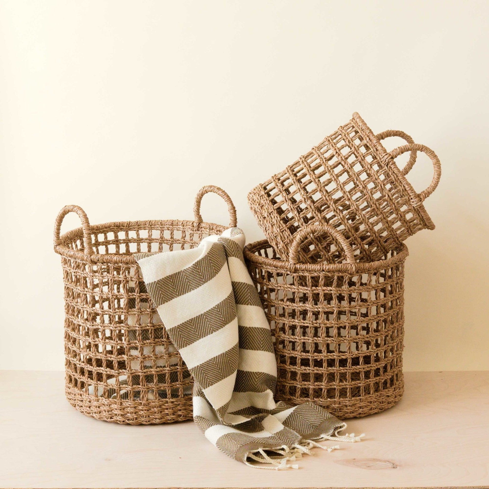 Open Weave Baskets with Handle - Set of 3
