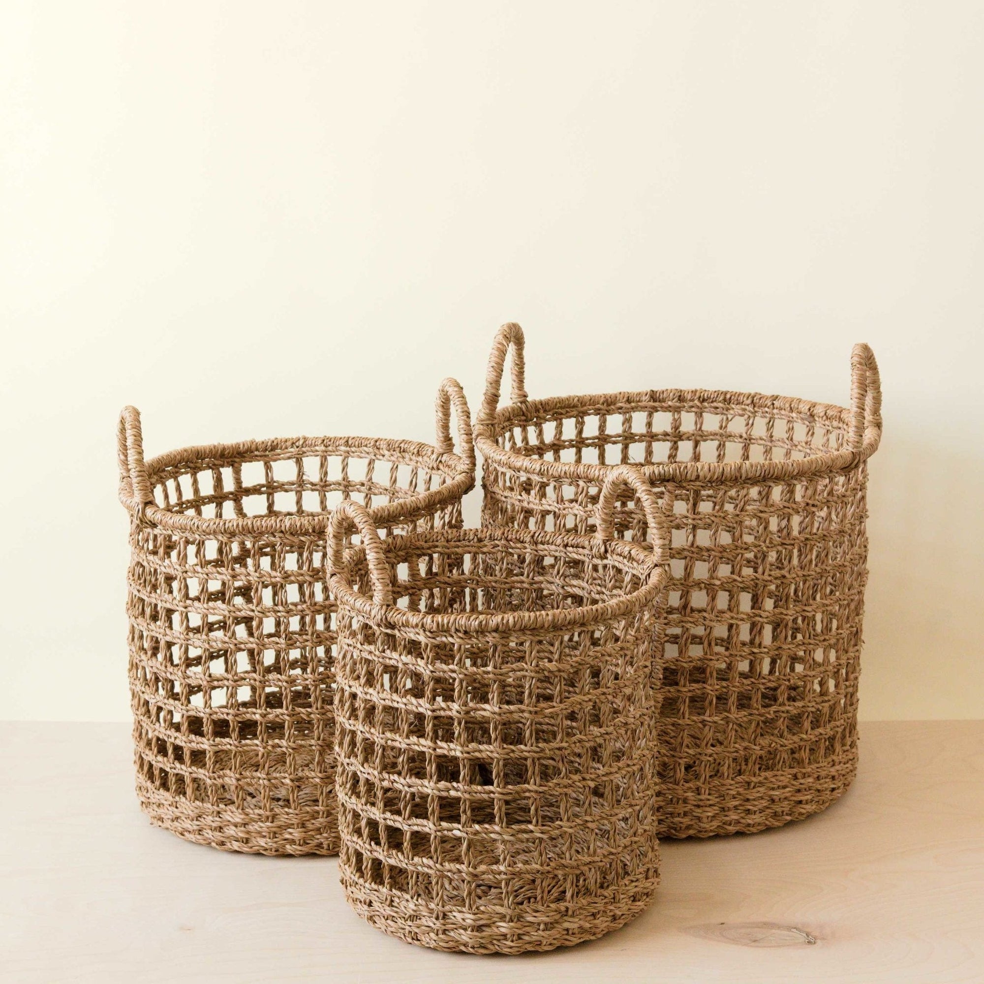 Open Weave Baskets with Handle - Set of 3