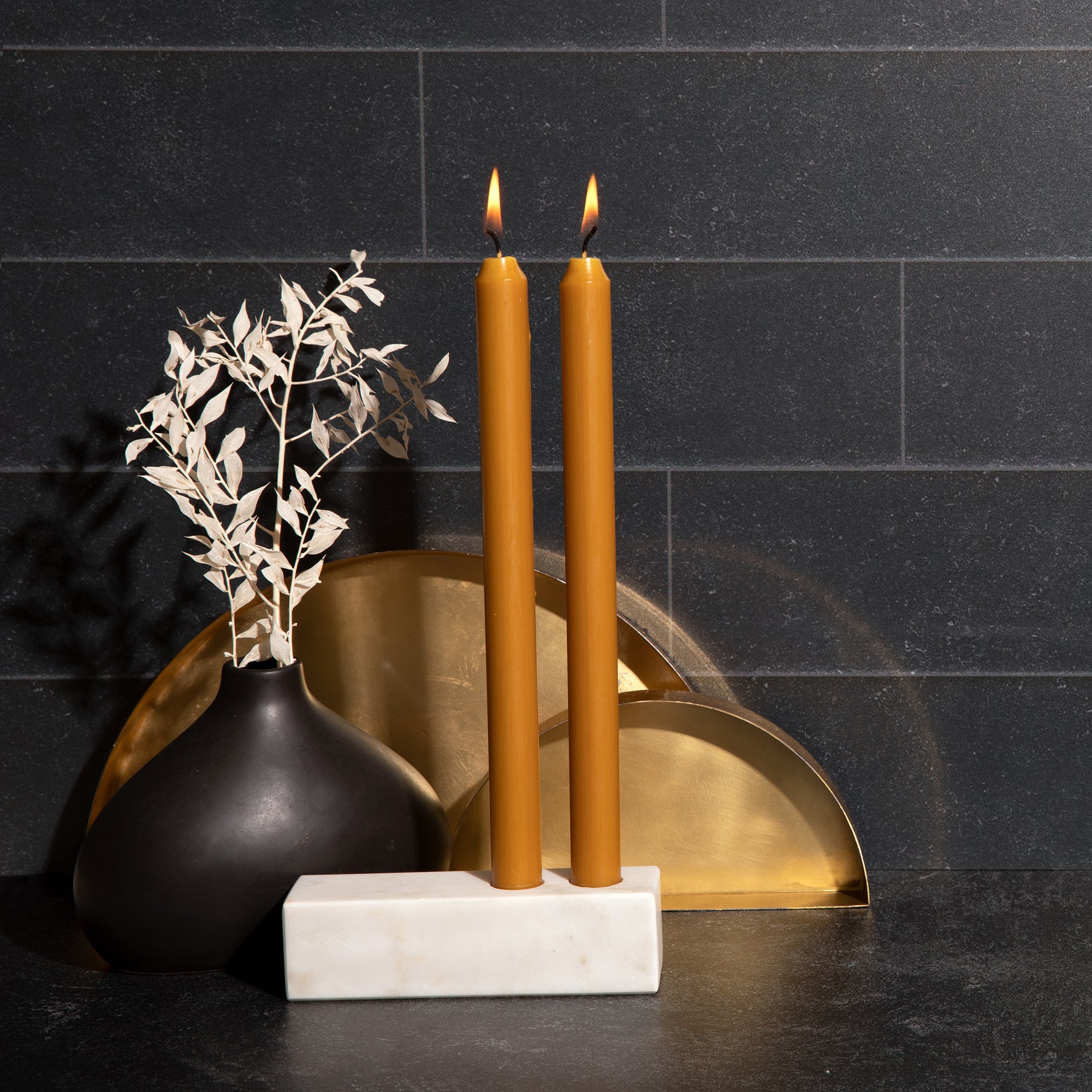 Asymmetrical marble double taper candleholder with harvest gold