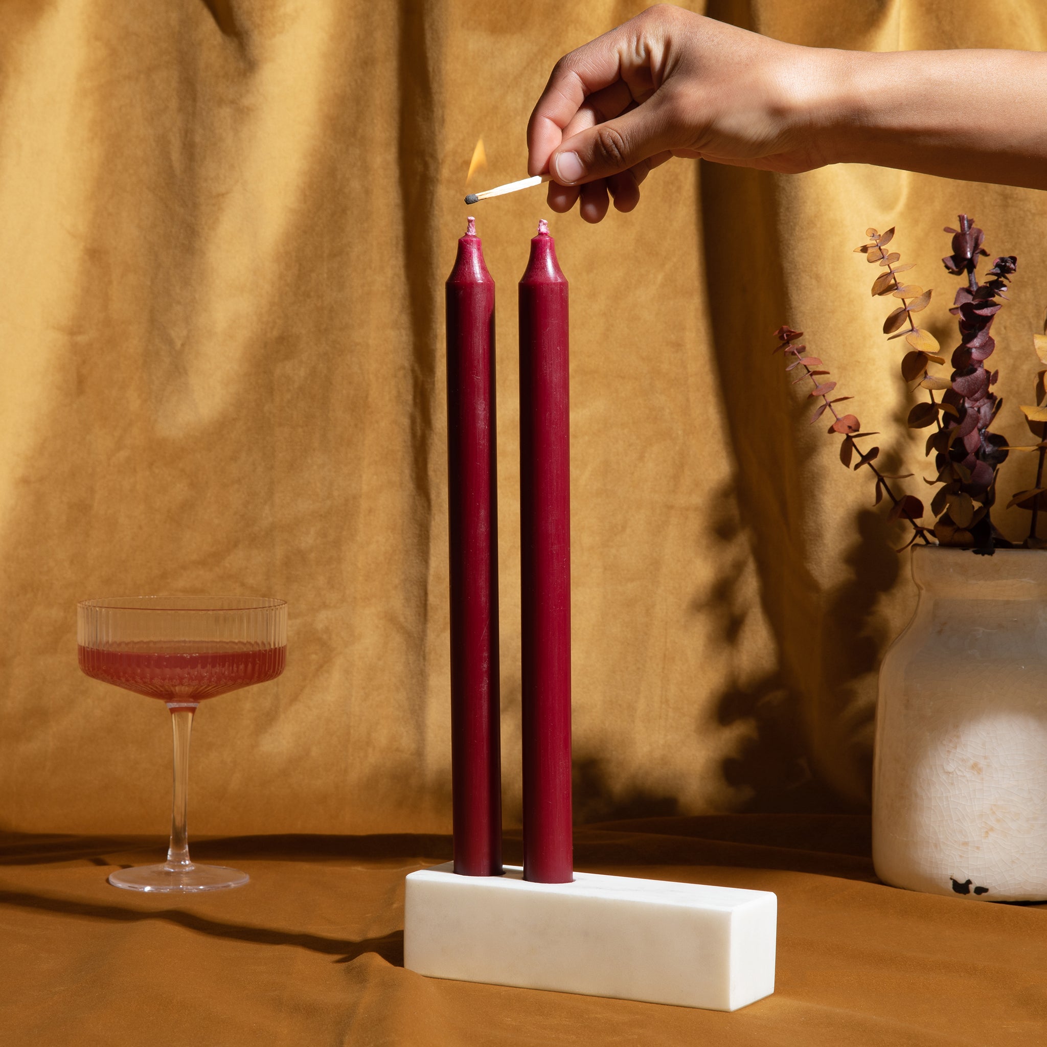 Asymmetrical marble double taper candleholder with burgundy