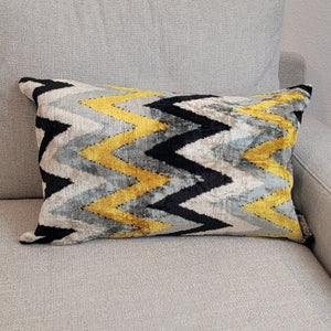 Double-sided silk and velvet ikat pillow