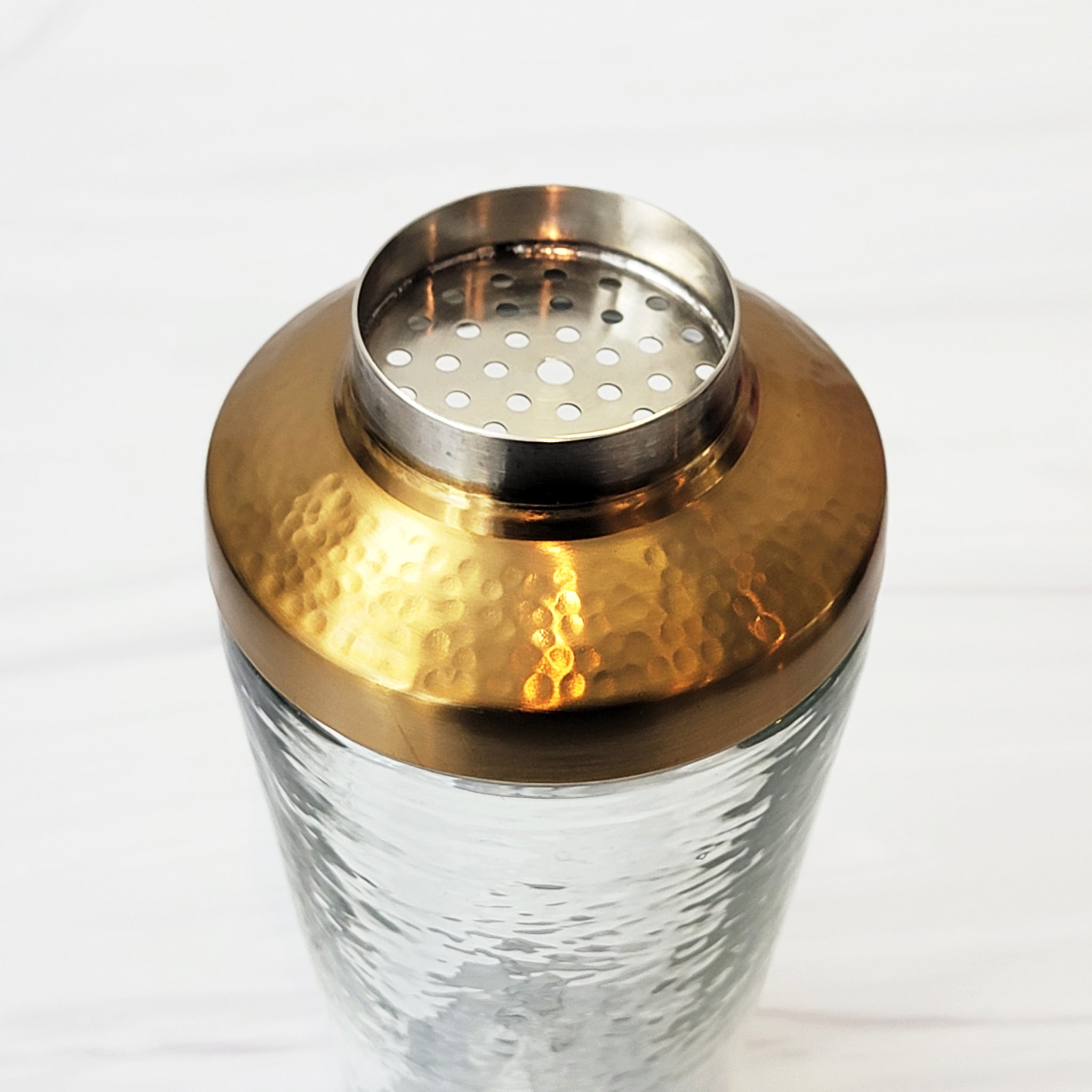 PEBBLED GLASS AND HAMMERED METAL COCKTAIL SHAKER