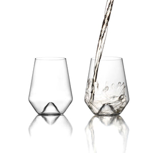 Two Monti hand blown stemless white wine glasses