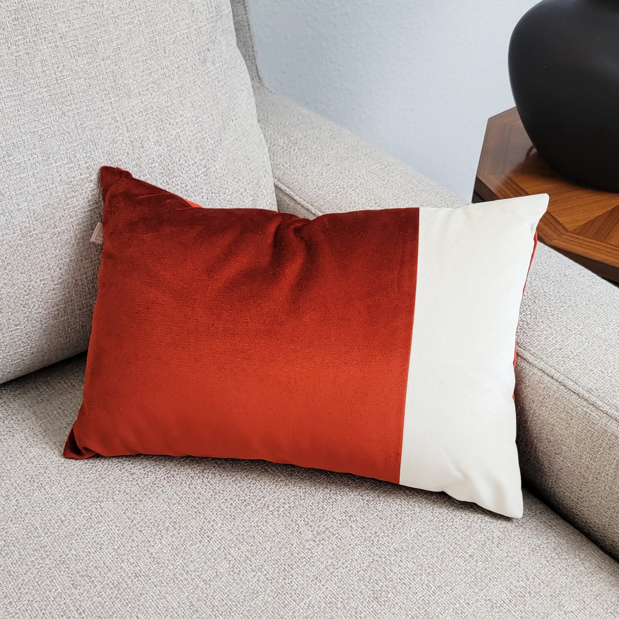Red and Ivory geometric rectangle Italian velvet pillow