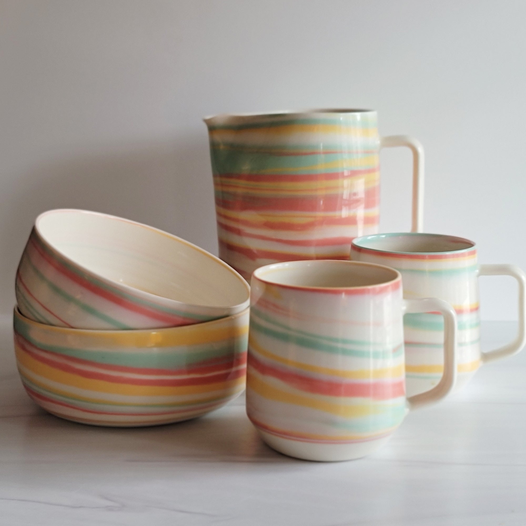 taffy tri-color marbled breakfast set pitcher, mugs and bowls